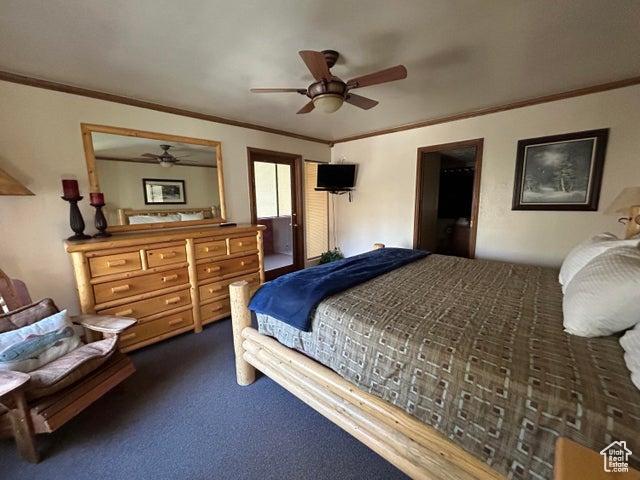 150 W Ridgeview St Unit 213, Brian Head, UT 84719 - carpeted bedroom with crown molding and ceiling fan