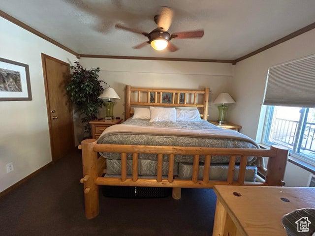 150 W Ridgeview St Unit 213, Brian Head, UT 84719 - bedroom featuring ornamental molding and carpet