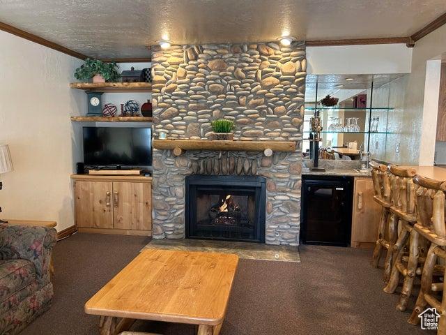 150 W Ridgeview St Unit 213, Brian Head, UT 84719 - carpeted living room with crown molding, bar, a fireplace, and a textured ceiling