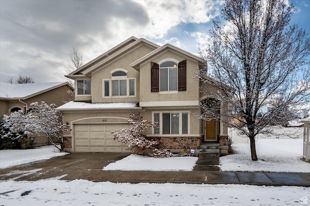 1952 E Meadow Downs Way, Cottonwood Heights, UT 84121 - traditional-style house with stucco siding, stone siding, a garage, and driveway