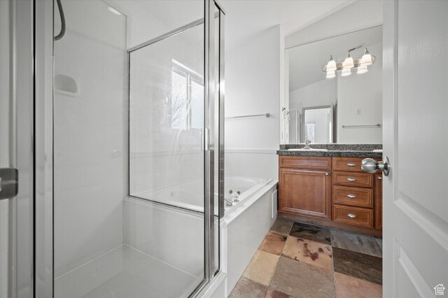 1952 E Meadow Downs Way, Cottonwood Heights, UT 84121 - full bathroom with a shower with shower door, vanity, stone tile floors, and a tub