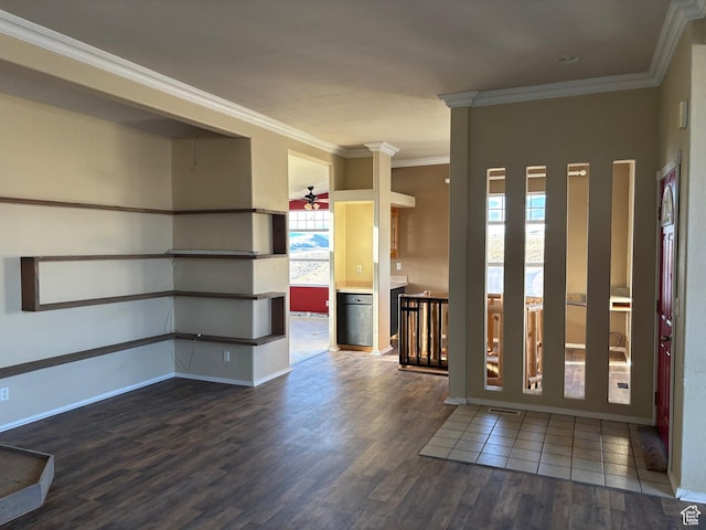 4981 N Daniels Rd, Malad City, ID 83252 - entrance foyer with decorative columns, hardwood / wood-style floors, crown molding, and ceiling fan