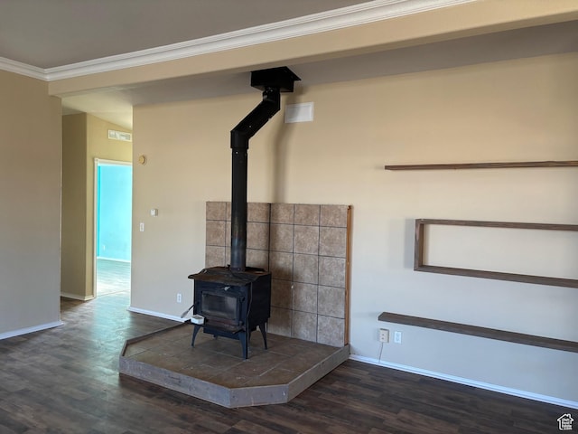 4981 N Daniels Rd, Malad City, ID 83252 - interior details featuring hardwood / wood-style floors, a wood stove, and ornamental molding
