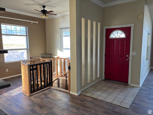 4981 N Daniels Rd, Malad City, ID 83252 - foyer featuring ceiling fan, dark wood-type flooring, and ornamental molding