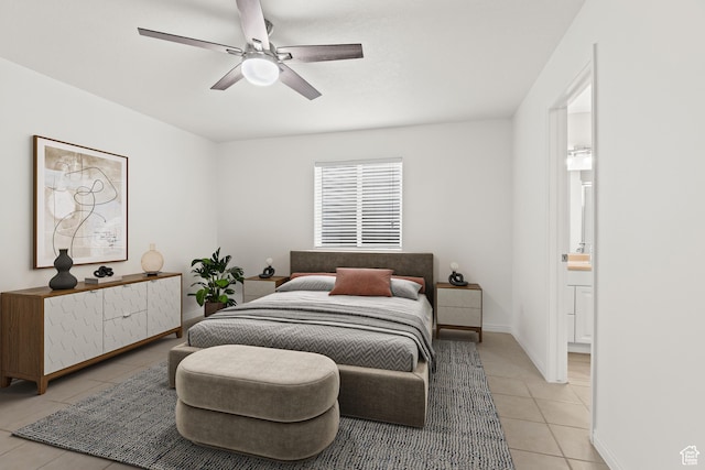 1305 E Riverside Dr Unit 1, St George, UT 84790 - bedroom featuring light tile patterned floors, baseboards, ensuite bath, and a ceiling fan