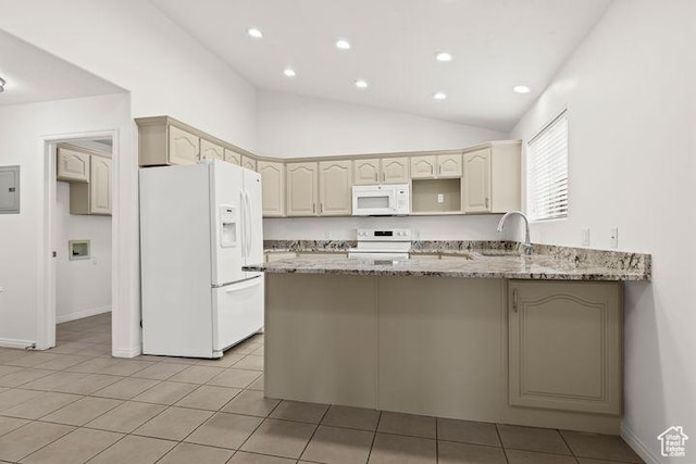 1305 E Riverside Dr Unit 1, St George, UT 84790 - kitchen featuring white appliances, a peninsula, light stone counters, a sink, and lofted ceiling