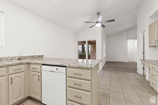 1305 E Riverside Dr Unit 1, St George, UT 84790 - kitchen featuring white dishwasher, lofted ceiling, a ceiling fan, light tile patterned floors, and a peninsula