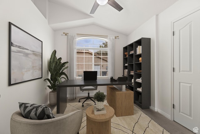 1305 E Riverside Dr Unit 1, St George, UT 84790 - office area with lofted ceiling, ceiling fan, light colored carpet, and baseboards