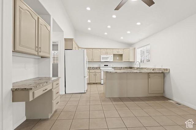 1305 E Riverside Dr Unit 1, St George, UT 84790 - kitchen with white appliances, lofted ceiling, a ceiling fan, a sink, and light tile patterned floors