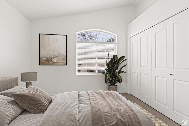 1305 E Riverside Dr Unit 1, St George, UT 84790 - bedroom featuring a closet, carpet floors, and vaulted ceiling