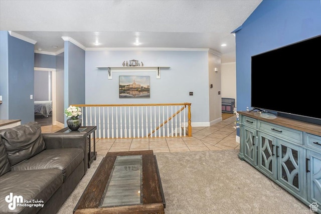 living room featuring crown molding and light tile patterned flooring
