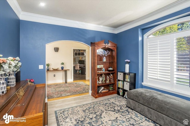 living area with hardwood / wood-style floors, a healthy amount of sunlight, and ornamental molding