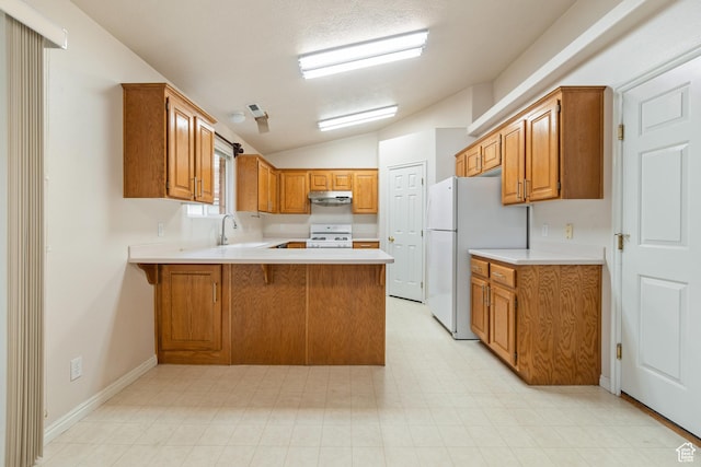 1040 S 1100 E Unit 85, St George, UT 84790 - kitchen with sink, kitchen peninsula, white appliances, and vaulted ceiling