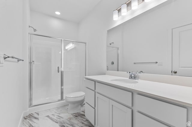 bathroom with a stall shower, marble finish flooring, toilet, vanity, and recessed lighting