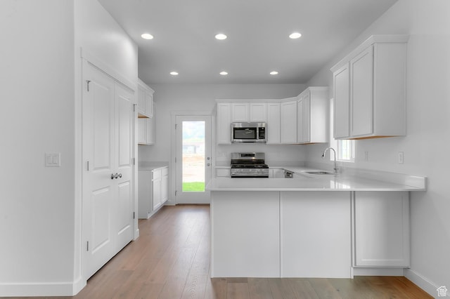 kitchen featuring appliances with stainless steel finishes, a sink, a peninsula, healthy amount of natural light, and recessed lighting