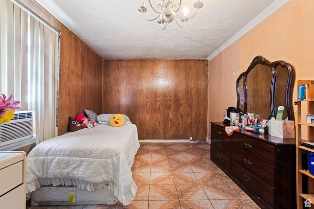 804 W 600 N, Salt Lake City, UT 84116 - bedroom with crown molding, wooden walls, light tile patterned flooring, and a notable chandelier