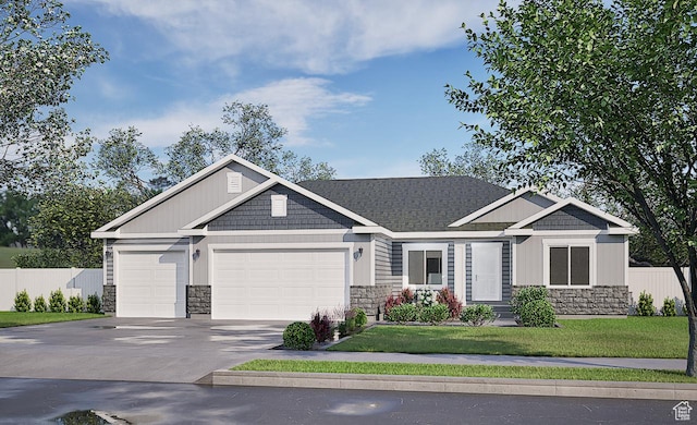 9270 N 5600 W Unit 7, Elwood, UT 84337 - craftsman house featuring concrete driveway, fence, a garage, stone siding, and a front lawn