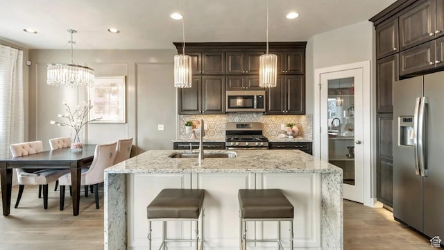 kitchen with pendant lighting, stainless steel appliances, a kitchen island with sink, and sink