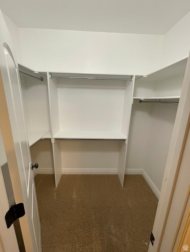 walk in closet featuring dark carpet