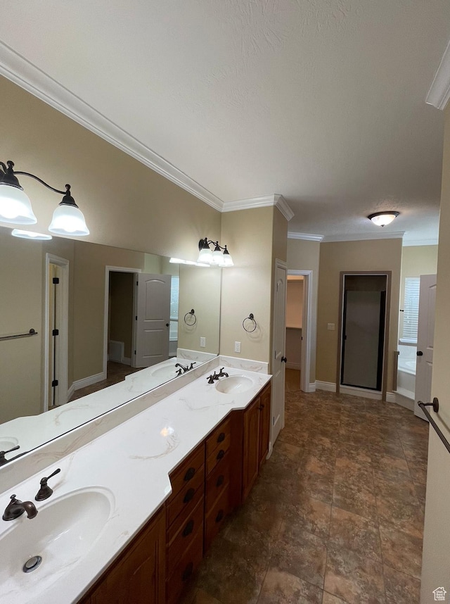 bathroom with crown molding and vanity
