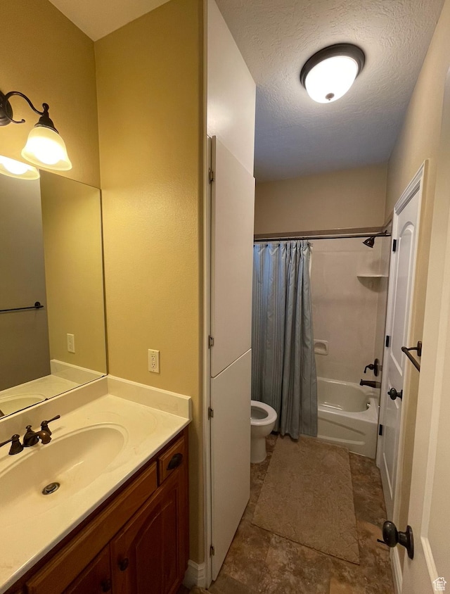 full bathroom with toilet, shower / bathtub combination with curtain, a textured ceiling, and vanity