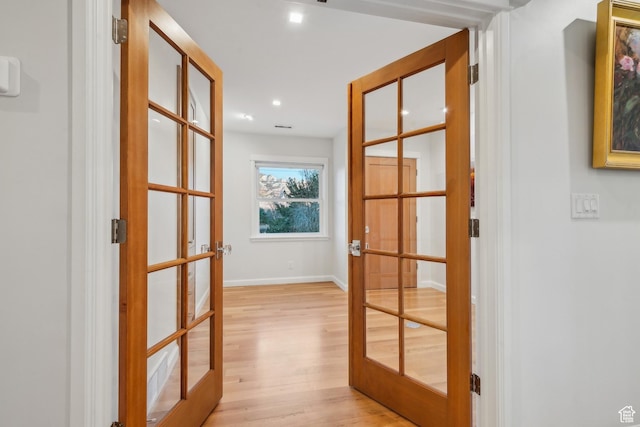 5419 S Kenwood Dr E, Salt Lake City, UT 84107 - hall featuring french doors, light wood-style floors, baseboards, and recessed lighting