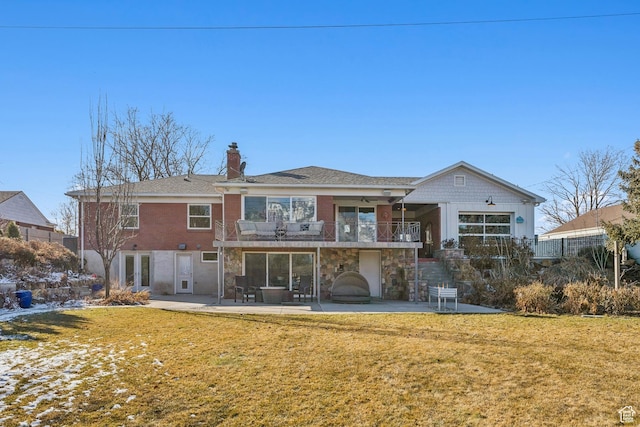 5419 S Kenwood Dr E, Salt Lake City, UT 84107 - rear view of property featuring a balcony, french doors, a patio, a chimney, and stone siding