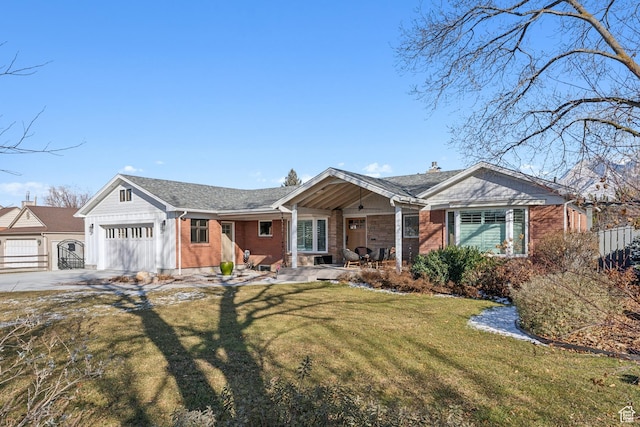 5419 S Kenwood Dr E, Salt Lake City, UT 84107 - ranch-style house featuring an attached garage, brick siding, a front lawn, concrete driveway, and a chimney
