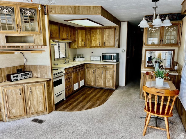 1160 E Telegraph St Unit 213, Washington, UT 84780 - kitchen featuring white range oven, dark hardwood / wood-style flooring, decorative light fixtures, an inviting chandelier, and sink