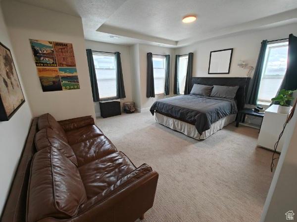 3469 S Bellrock Pl E Unit 5, South Salt Lake, UT 84115 - bedroom featuring light carpet, multiple windows, and a tray ceiling