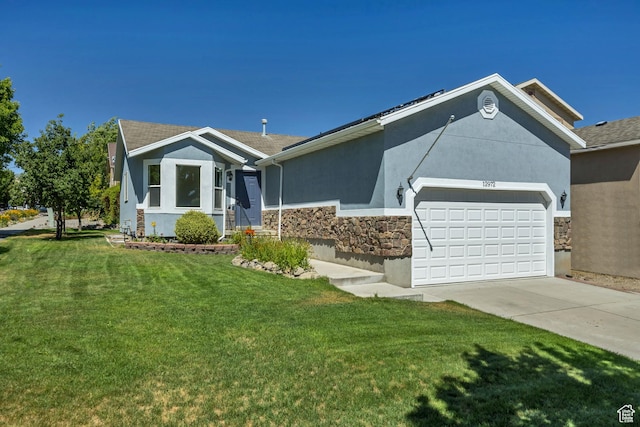 12972 S Cactus Berry Dr, Riverton, UT 84096 - ranch-style home with stone siding, stucco siding, an attached garage, and concrete driveway