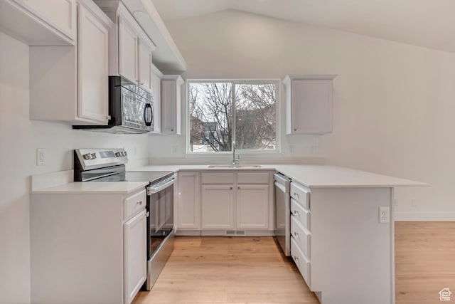 12972 S Cactus Berry Dr, Riverton, UT 84096 - kitchen featuring light wood finished floors, stainless steel appliances, lofted ceiling, a sink, and a peninsula