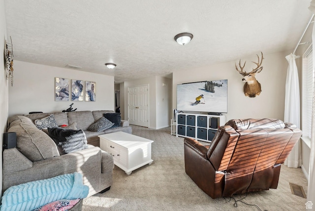 carpeted living room with a textured ceiling