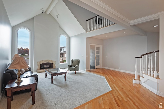 5845 Kerry Cir, Murray, UT 84107 - living area with high vaulted ceiling, wood-type flooring, and beam ceiling