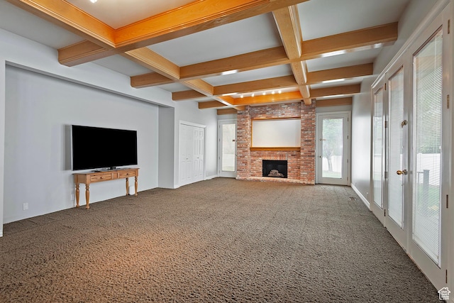 5845 Kerry Cir, Murray, UT 84107 - unfurnished living room with carpet, coffered ceiling, beamed ceiling, and a fireplace