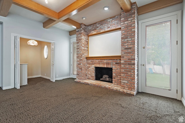 5845 Kerry Cir, Murray, UT 84107 - unfurnished living room featuring coffered ceiling, dark colored carpet, a fireplace, and beam ceiling