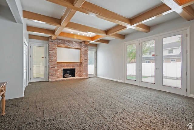 5845 Kerry Cir, Murray, UT 84107 - unfurnished living room featuring coffered ceiling, a brick fireplace, carpet flooring, and beamed ceiling