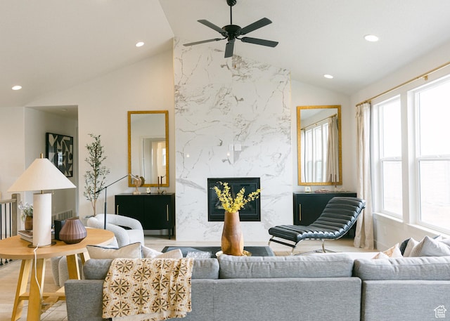 908 E 430 N Unit 18, Salem, UT 84653 - living room with ceiling fan, a high end fireplace, and lofted ceiling