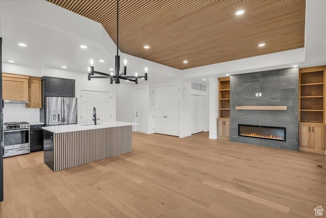 kitchen featuring stainless steel appliances, light wood-style floors, open floor plan, and a sink