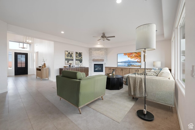 617 W 280 S, Ivins, UT 84738 - tiled living room with ceiling fan and a large fireplace