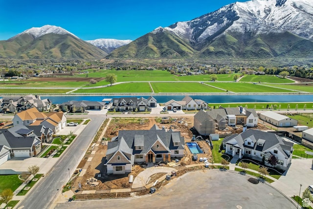 birds eye view of property with a water and mountain view and a residential view
