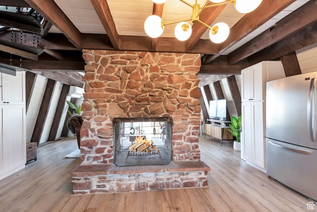 10481 E Spring Creek Dr Unit 722, Heber City, UT 84032 - unfurnished living room featuring beamed ceiling, light wood-type flooring, and a stone fireplace
