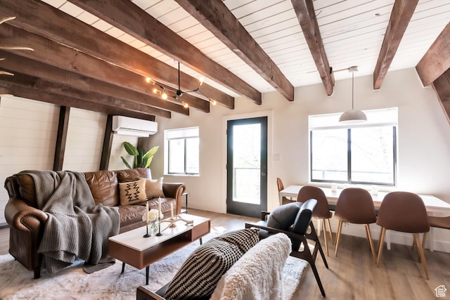 10481 E Spring Creek Dr Unit 722, Heber City, UT 84032 - living room featuring beamed ceiling, light wood-type flooring, an AC wall unit, and wooden ceiling