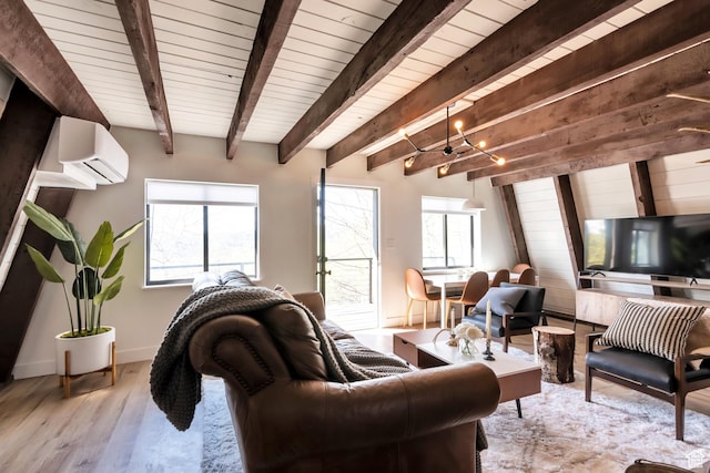 10481 E Spring Creek Dr Unit 722, Heber City, UT 84032 - living room featuring beam ceiling, light hardwood / wood-style flooring, wood ceiling, and a wall mounted air conditioner