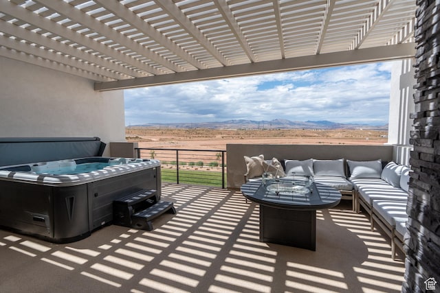 5398 S Aquamarine Ln, St George, UT 84790 - view of patio featuring an outdoor living space, a pergola, a mountain view, and a hot tub
