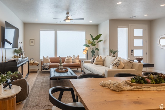 5398 S Aquamarine Ln, St George, UT 84790 - living room with a textured ceiling, ceiling fan, and dark hardwood / wood-style flooring