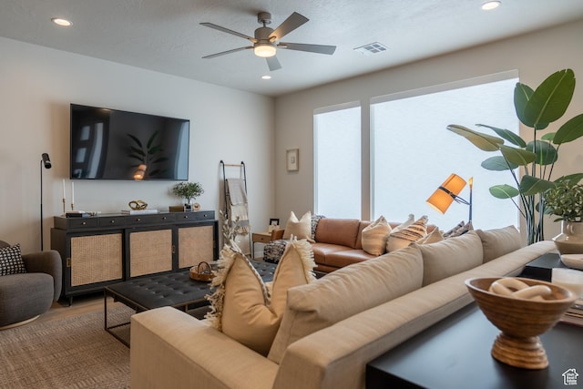 5398 S Aquamarine Ln, St George, UT 84790 - living room featuring hardwood / wood-style flooring, ceiling fan, and a textured ceiling