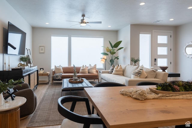 5398 S Aquamarine Ln, St George, UT 84790 - living room with hardwood / wood-style flooring, ceiling fan, and a textured ceiling