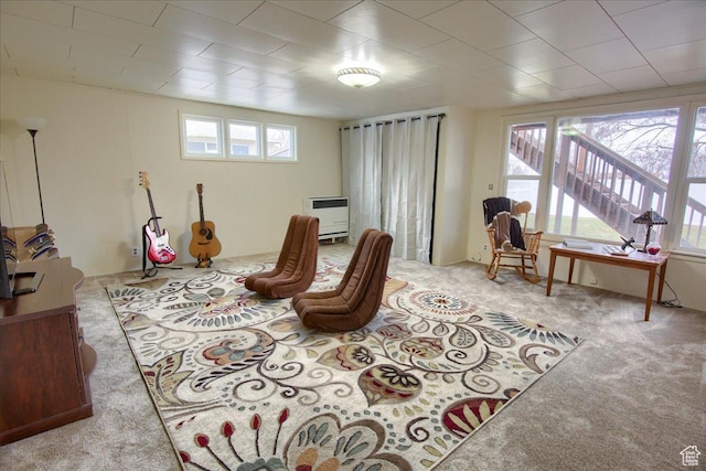 living room featuring heating unit and light colored carpet