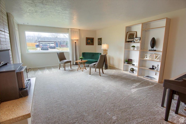 living area with radiator, light carpet, and a textured ceiling